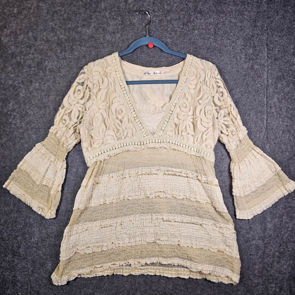 Solitaire Womens Cream Lace Bell Sleeve Empire Waist Blouse Boho Ethereal Sz L